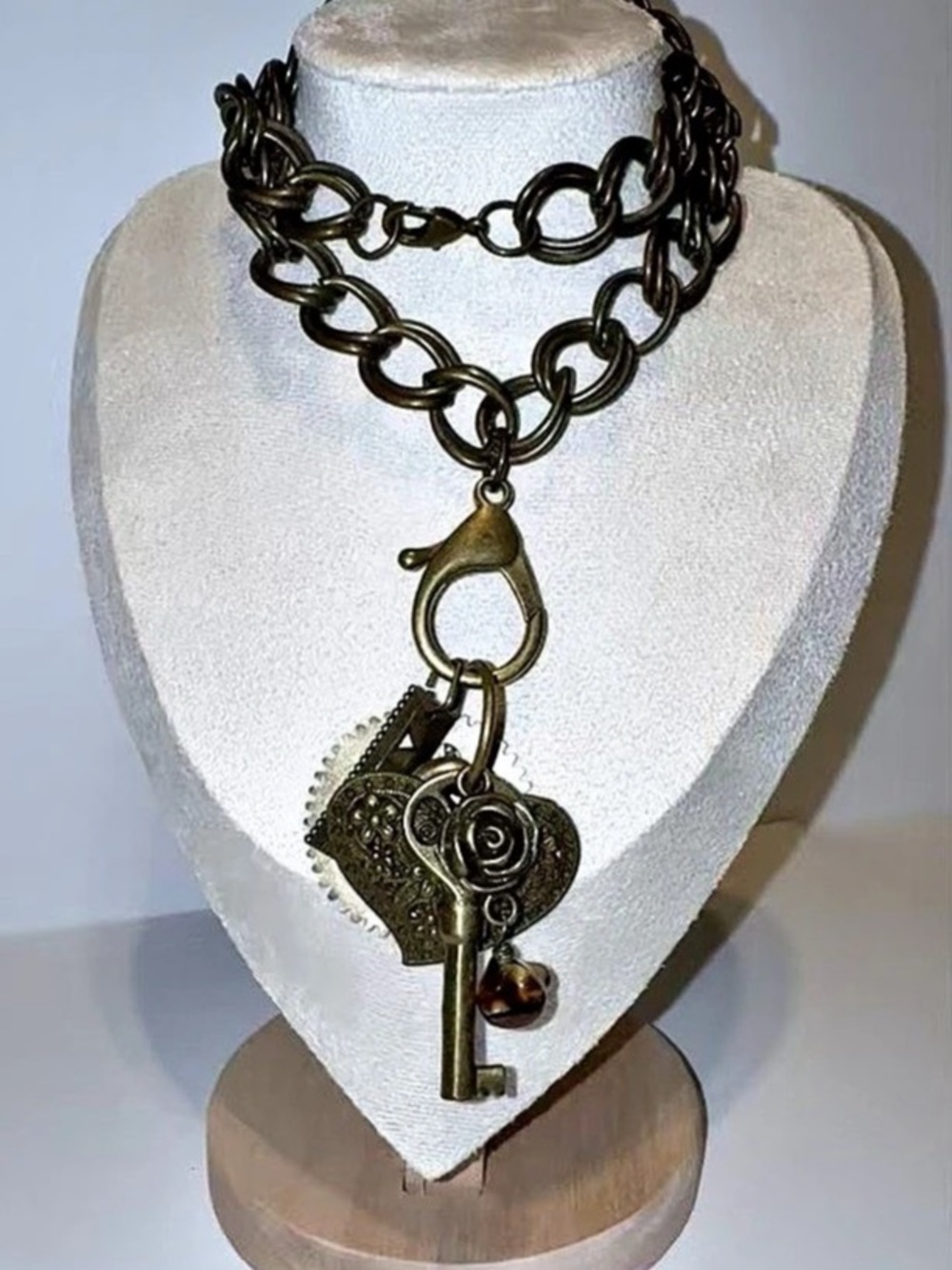 Steampunk Bronze Charm Necklace Filigree Heart Rose Key Boho 22"